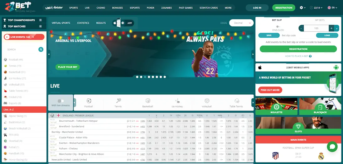 22Bet Sportsbook and Casino Screenshot
